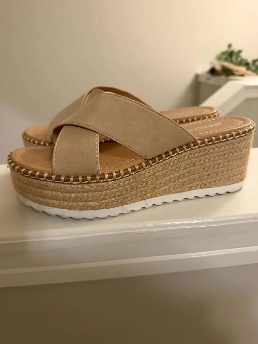 Soda Women Beige Criss Cross Platform Espadrille Wedge Sandals
